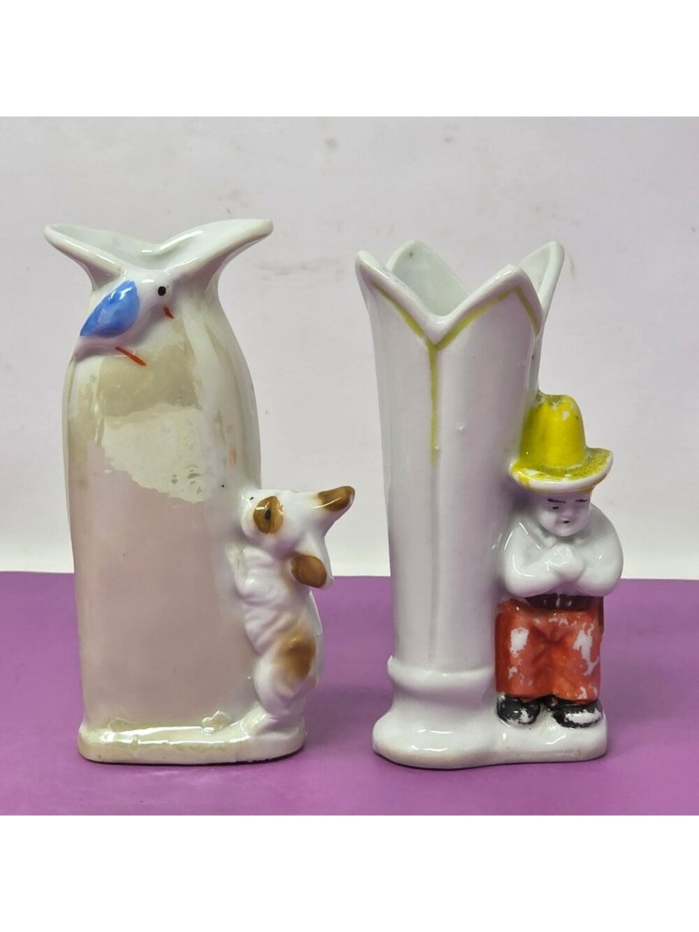 Vintage Hand-Painted Ceramic Budβ Vases With Boy & Dog Designs Tall Set Of 2